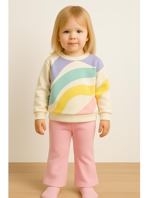 Rapapa Kız Çocuk 3 Iplik Şardonlu Pastel Desenli Sweatshirt ve Pembe Paça Eşofman Altı Takım 10769