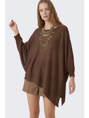 Clandestino Salaş Asimetrik Uzun Bohem Tarz Triko Bluz Kahverengi