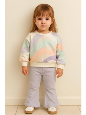 Rapapa Kız Çocuk 3 Iplik Şardonlu  Pastel Desenli Şardonlu Sweatshirt ve Açık Lila Eşofman Altı 2’li Takım 10769