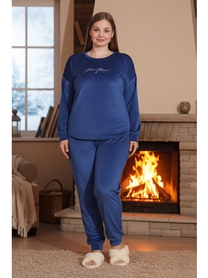 Remsa Kadın Battal Kadife Baskılı Pijama Takım 25394 Indigo