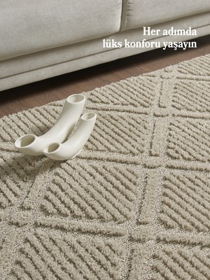 Acem Home Modern Yumuşak Bukleli Salon Oturma Odası Yolluk Bej Halı