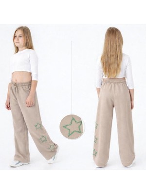 Mışıl Kız Çocuk Vizon Geniş Paça Eşofman Altı – Simli Yeşil Yıldız DETAYLI-7805