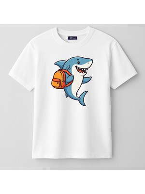 Mixxi Fashion Okula Giden Köpekbalığı - School Shark Kısa Kollu Baskılı Unisex Çocuk Tişört (4-13 Yaş)