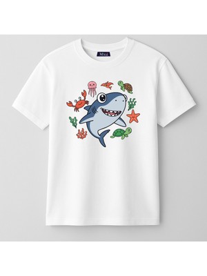 Mixxi Fashion Sevimli Köpekbalığı Deniz  - Cute Shark Kısa Kollu Baskılı Unisex Çocuk Tişört (4-13 Yaş)