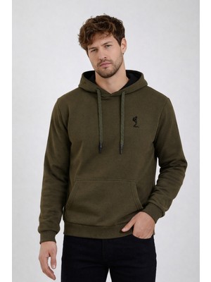 Polo State Erkek Kapüşonlu 3 Iplik Içi Şardonlu Nakışlı Haki Sweatshirt