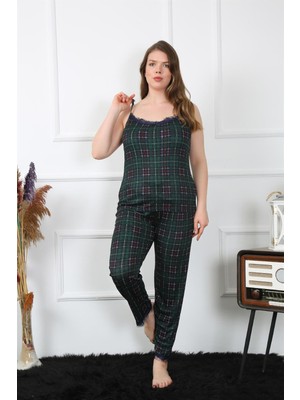 Moda Çizgi Kadın Büyük Beden Yeşil Ekoseli Ip Askılı Pijama Takım 202197