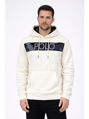 Polo State Erkek Regular Fit 3 Iplik Pamuklu Içi Polarlı Nakışlı Kapüşonlu Kanguru Cepli Sweatshirt – Ekru