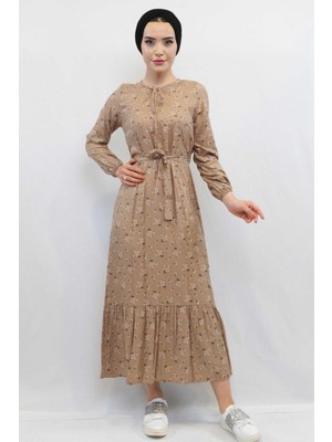 Moda Çizgi Çiçekli Elbise Vizon