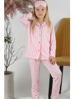 Harika Kids Kız Çocuk Çizgili Göz Bantlı Düğmeli %100 Pamuklu Pijama Takımı