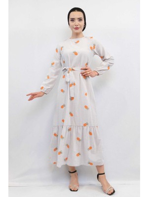 Moda Çizgi Desenli Elbise Turuncu