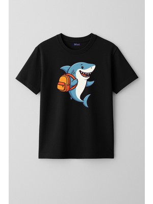 Mixxi Fashion Okula Giden Köpekbalığı - School Shark Kısa Kollu Baskılı Unisex Çocuk Tişört (4-13 Yaş)