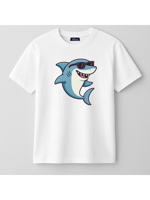 Mixxi Fashion Güneş Gözlüklü Havalı Köpekbalığı Cool Shark Kısa Kollu Baskılı Unisex Çocuk Tişört (4-13 Yaş)