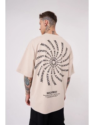 Machinist Erkek Money Roles Baskılı Oversize Tişört Açık Bej