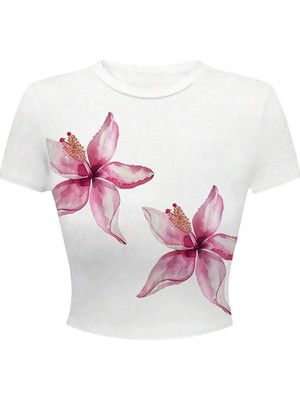 İsra Ayyıldız Moonstar Collection Beyaz Lily Flowers Y2K Kısa Kollu Crop T-Shirt
