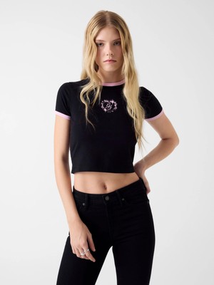 Guess Gj Kısa Kollu Bisiklet Yaka Baby Ringer Kalp Detaylı Kadın Siyah T-Shirt W6RI16J1314-JBLK