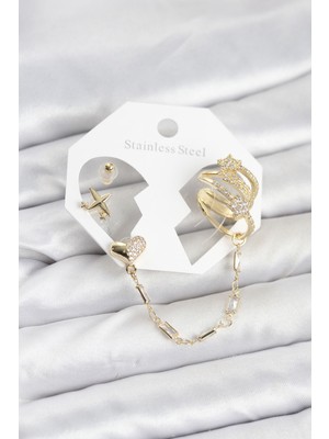 Skygo Kalp Yıldız Model Pirinç Gold Renk Zincir Bağlantılı Ear Cuff Küpe Seti TJ-BKP11547