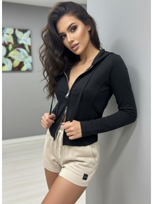 Polo State Kadın Kapüşonlu Çift Yönlü Açılabilir Fermuarlı Sweatshirt Siyah