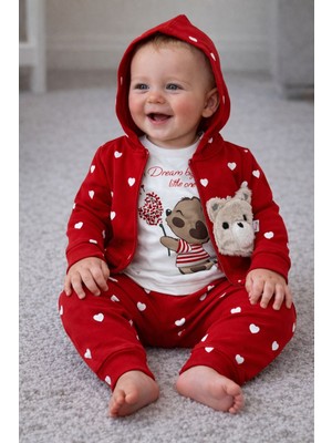Aki Moda Kids Kız Bebek Kapüşünlu Kalpli Desenli Ayıcık Figürlü Bebek Eşofman Takımı (3’lü Set)
