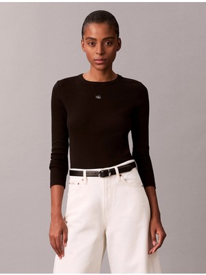 Calvin Klein Uzun Kollu Dokuma Etiketli 2x2 Fitilli Bisiklet Yaka Kadın Siyah Bluz LV047E205G-UB1