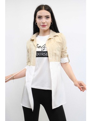 Moda Çizgi Pıt Pıt Desen Ikili Takım Bej