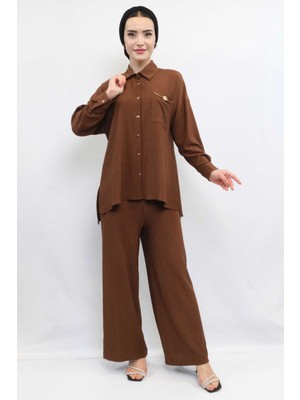 Moda Çizgi Zincir Aksesuarlı Ikili Takım  Kahve