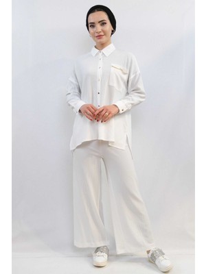 Moda Çizgi Zincir Aksesuarlı Ikili Takım  Beyaz