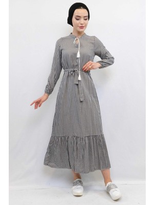 Moda Çizgi Ekose Elbise Siyah