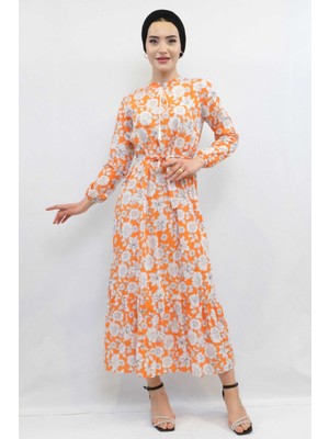 Moda Çizgi Çiçek Desenli  Pileli Elbise Turuncu
