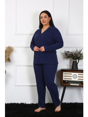 Moda Çizgi Kadın Büyük Beden Pamuklu Cepli Düğmeli Lacivert Pijama Takım 202401
