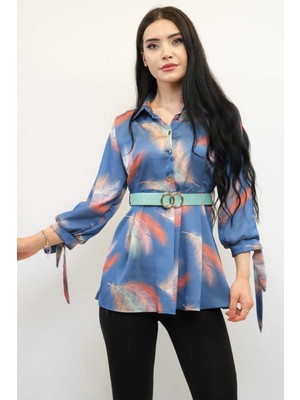 Moda Çizgi Kemerli Gömlek Tunik Indigo
