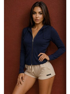 Polo State Kadın Kapüşonlu Çift Yönlü Açılabilir Fermuarlı Sweatshirt Lacivert