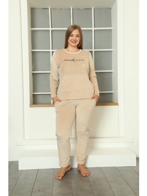Moda Çizgi Büyük Beden Kadın Kadife Pijama Takım 9073