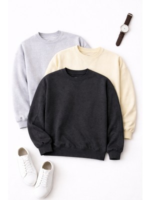 Polo State Erkek Uzun Kollu Basic Oversize 3 Lü Sweatshirt Antrasit Krem Kar Melanj