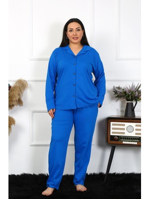 Moda Çizgi Kadın Büyük Beden Pamuklu Cepli Düğmeli Saks Pijama Takım 202401