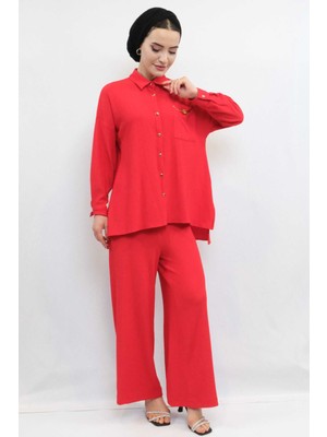 Moda Çizgi Zincir Aksesuarlı Ikili Takım  Kırmızı