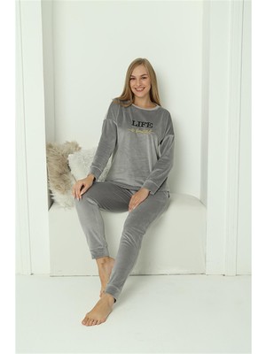 Moda Çizgi Kadın Kadife Gri Pijama Takım 20624