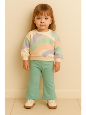 Rapapa Kız Çocuk 3 Ipliık Şardonlu Pastel Desenli Sweatshirt & Mint Mavisi Pijama Alt Takım – 10769
