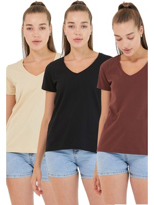 Polo State Kadın %100 Pamuk V Yaka 3lü T-shirt Paketi  Çok Renkli