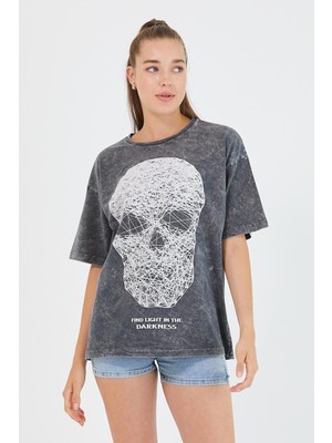 Polo State Kadın Parça Boya Baskılı Oversize Basic T-shirt  Antrasit