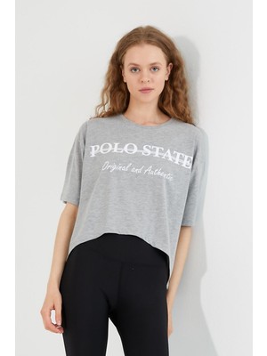Polo State Kadın Baskılı Oversize T-shirt  Gri Melanj