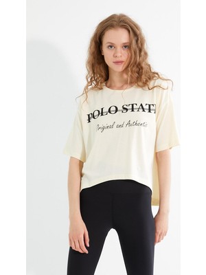 Polo State Kadın Baskılı Oversize T-shirt  Ekru
