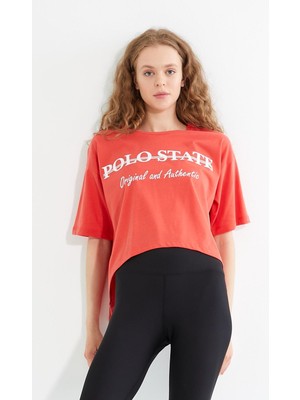 Polo State Kadın Baskılı Oversize T-shirt  Oranj