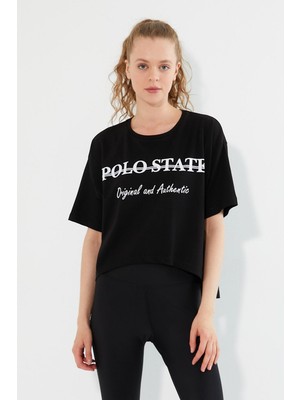 Polo State Kadın Baskılı Oversize T-shirt  Siyah