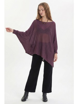 Clandestino Salaş Asimetrik Uzun Bohem Tarz Triko Bluz Mürdüm