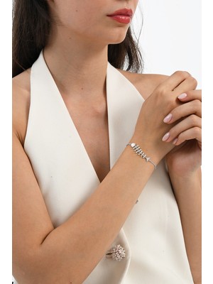 Söğütlü Silver 925 Ayar Gümüş Rodyumlu Sedef ve Baget Kesim Zirkon Taşlı Asansörlü Balık Gümüş Bileklik SGTL13057RODAJ