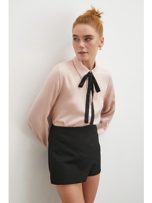 Never More Yaka Bağlamalı Saten Gömlek Pembe