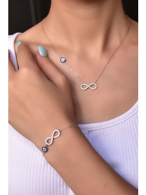 Papatya Silver 925 Ayar Gümüş Taşlı Nazarlı Sonsuzluk Kadın Kolye Bileklik Set Nazar