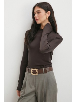 Never More Bisiklet Yaka Uzun  Kol Bluz Kahve