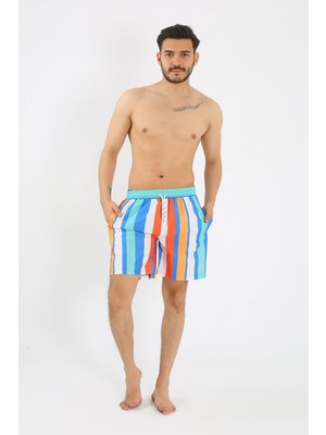 Moda Çizgi Erkek Desenli Fermuar Cepli Deniz Şortu Mavi 27526