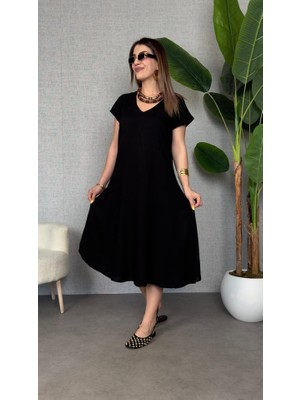 Başak Collection Kadın Kısa Kollu V Yaka Salaş Maxi Boy Elbise